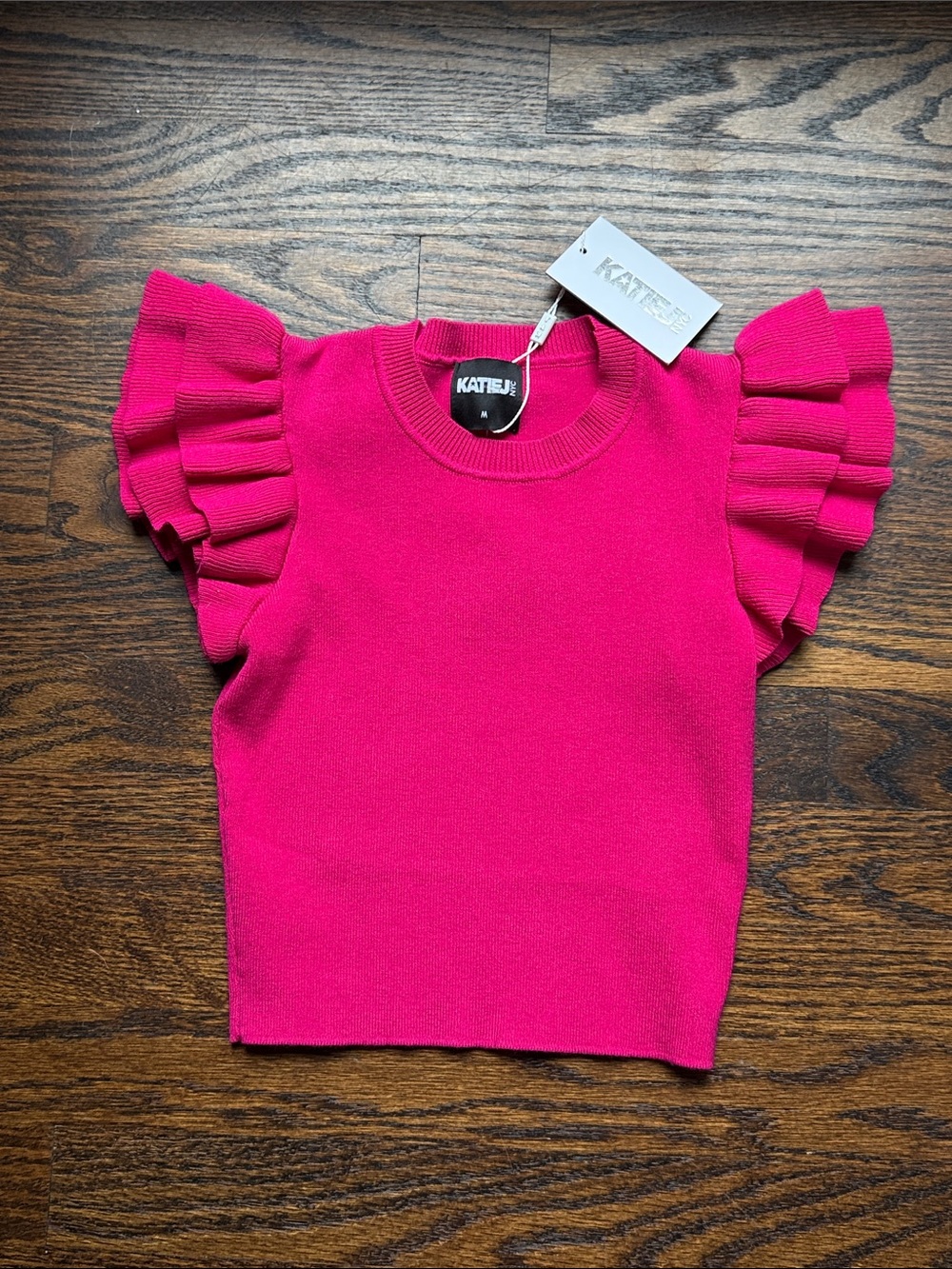 NWT Katie J NYC tween size medium Hot Pink Ruffled Sleeve Knit Top